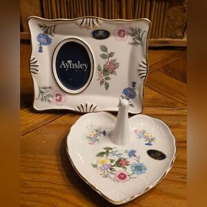 2 Pc Aynsley Floral Trinket Dish and Picture Frame Set